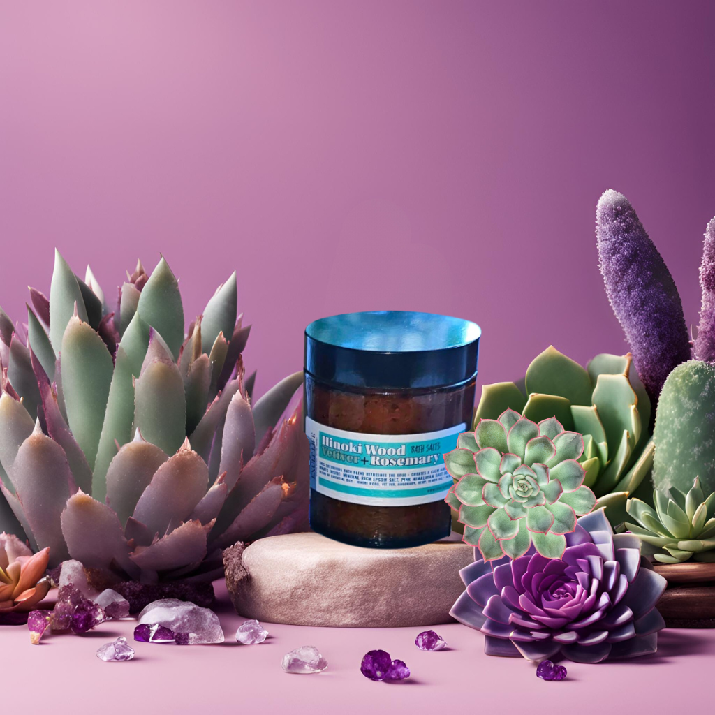 Enjoy the feeling of being bathed with the energy of the forest with this 4 ounce jar of Hinoki Wood, Vetiver and Rosemary bath salt.